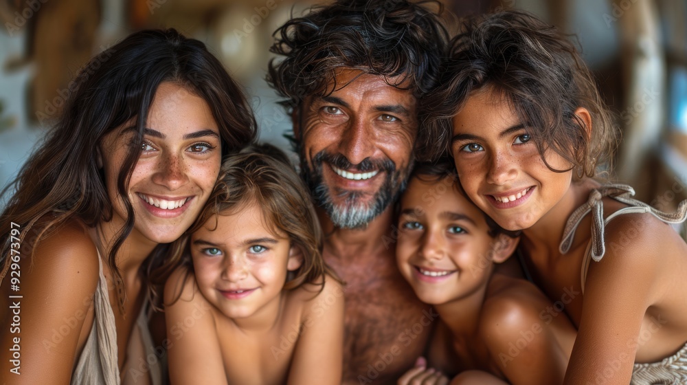 Joyful family portrait on a sunny day at the beach, featuring two adults and three children smiling together Joyful family portrait on a sunny day at the beach, featuring two adults and three children smiling together