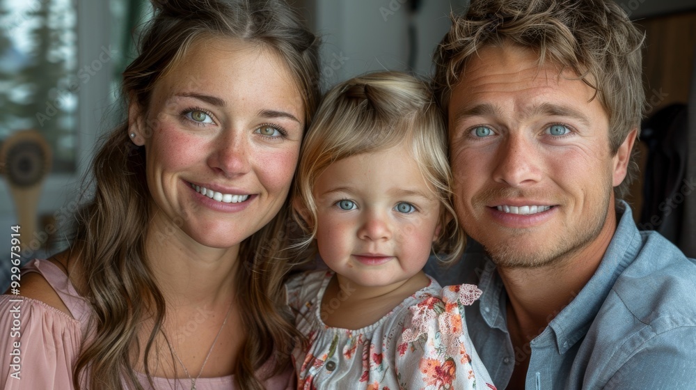 Family portrait with a smiling couple and their young daughter captured indoors in a cozy setting Family portrait with a smiling couple and their young daughter captured indoors in a cozy setting