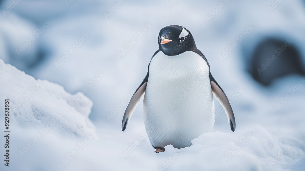 Obraz premium A lone Gentoo penguin walking through the snow in a cold Antarctic landscape during the daylight