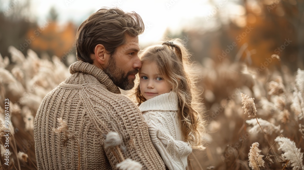 Fototapeta premium A father and daughter embrace in a warm autumn field during golden hour