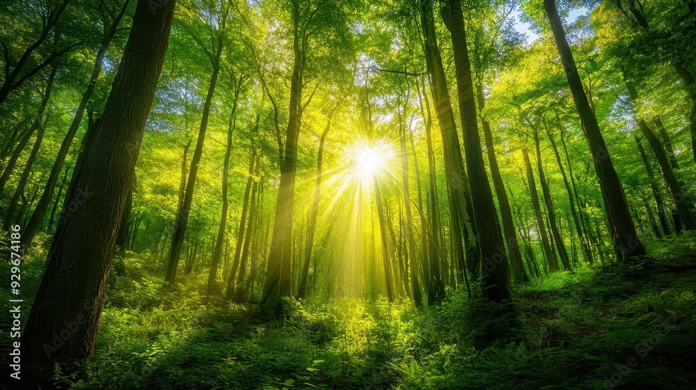 Obraz premium A serene forest scene with sunlight filtering through lush green trees.