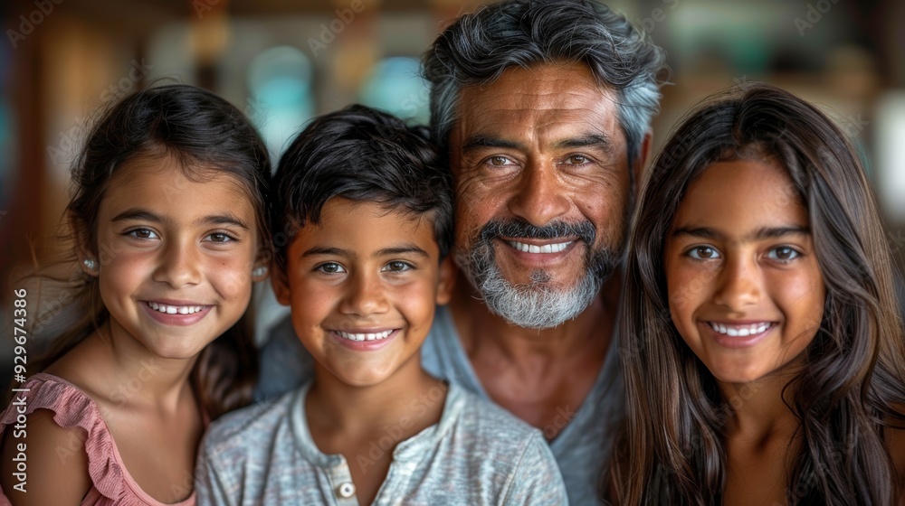 A man happily posing with three smiling children indoors during daytime A man happily posing with three smiling children indoors during daytime