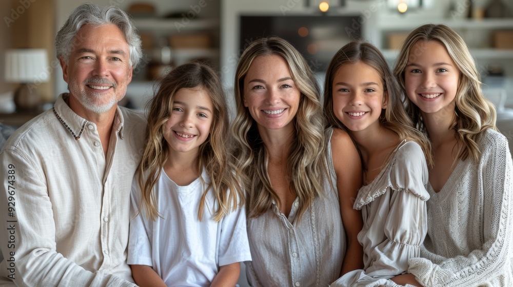 Family posing together in a cozy living room during a sunny day Family posing together in a cozy living room during a sunny day
