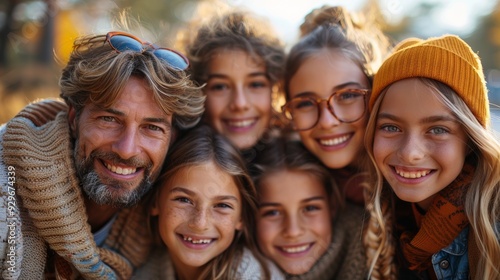 Group of cheerful young girls and a man smiling together outdoors in autumn light