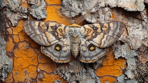 Watercolor moth camouflaged on a tree bark, with intricate patterns.
