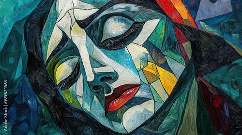 Abstract cubist portrait of a woman with thick brush strokes, showcasing her closed eyes, bold lips, and a fragmented face.