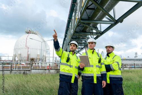 Wallpaper Mural Factory engineer or technician workers use tablet to discuss with one point to left side and they stay under petrochemical pipeline and tank on background. Torontodigital.ca