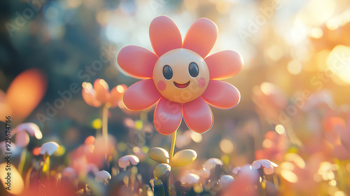 Happy cartoon flower smiling among colorful blossoms in a sunlit meadow