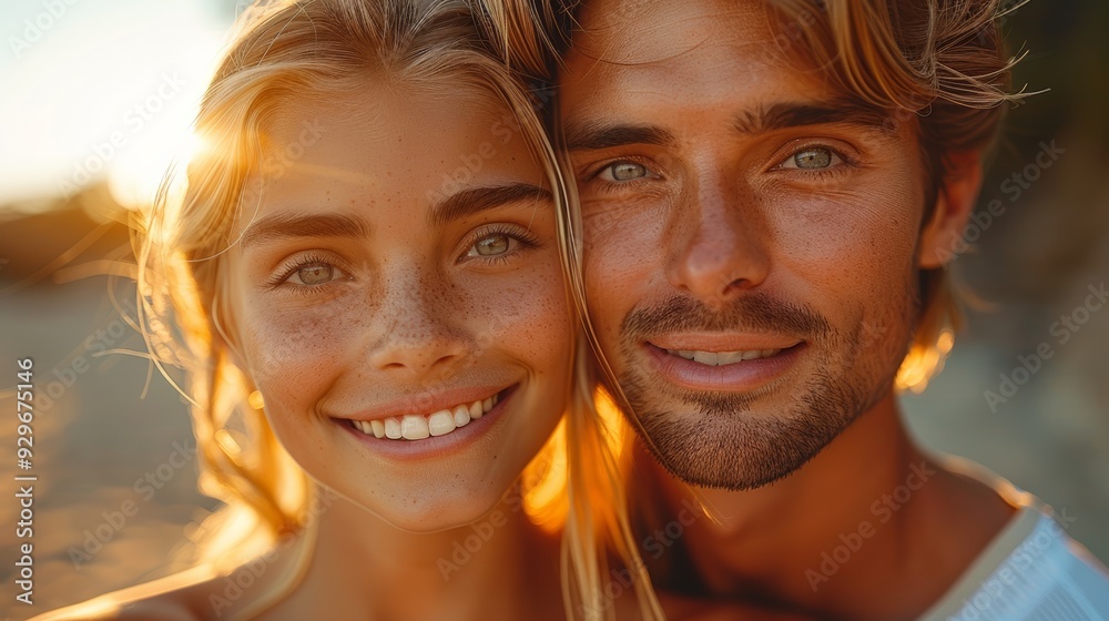 Young couple smiling together at sunset on a beach with golden light illuminating their faces Young couple smiling together at sunset on a beach with golden light illuminating their faces