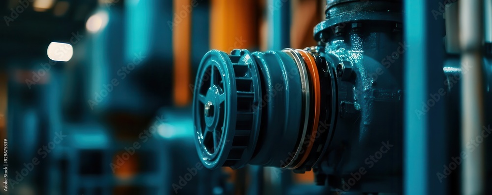Close-up of industrial machinery with a focus on a mechanical valve, showcasing engineering and technology in a factory setting. Close-up of industrial machinery with a focus on a mechanical valve, showcasing engineering and technology in a factory setting.