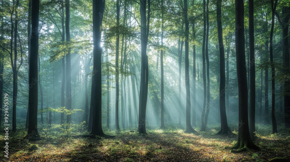Obraz premium A serene forest scene with sunlight filtering through the trees, creating a tranquil atmosphere.