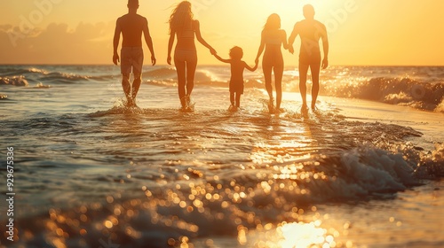 A family enjoys a sunset walk along the beach, playing in the waves