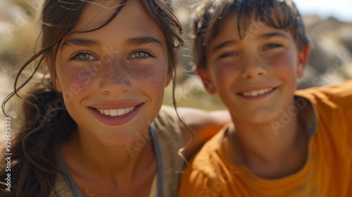 Two children smiling happily outdoors during a sunny day on a rocky landscape