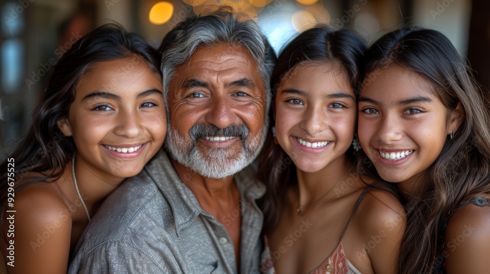 Fototapeta premium Family gathering with a grandfather and three smiling grandchildren in a warm indoor setting during afternoon light
