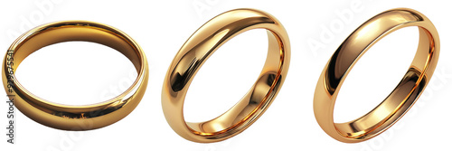Set of golden rings in different positions isolated on transparent background