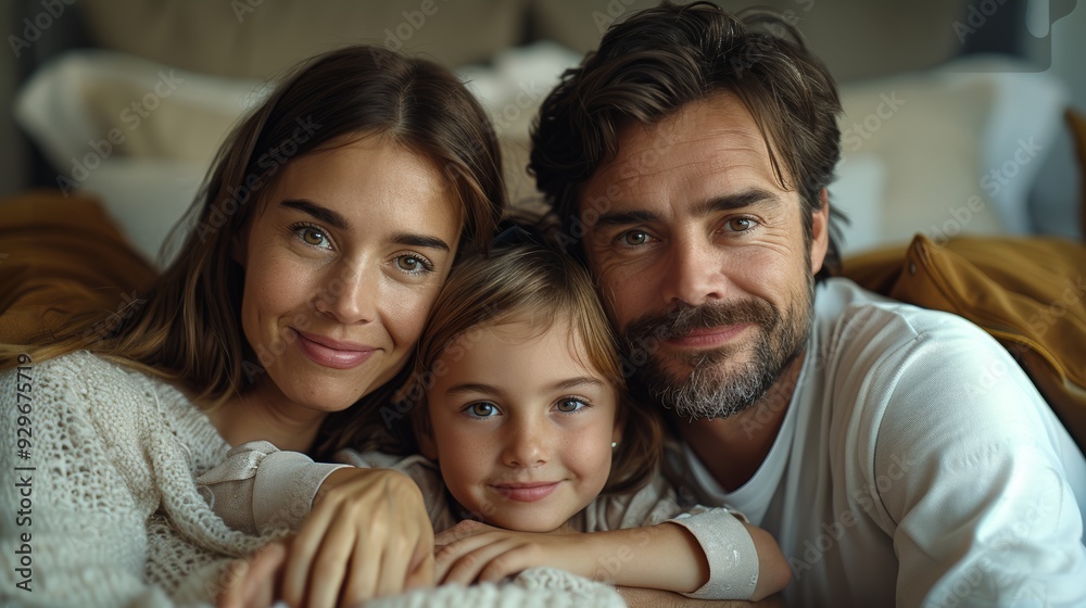 Family portrait featuring a smiling couple with their young daughter in a cozy indoor setting during the afternoon Family portrait featuring a smiling couple with their young daughter in a cozy indoor setting during the afternoon