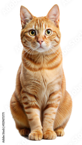 Adorable orange tabby cat sitting upright, isolated on black background photo