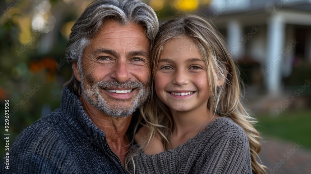 A man and a girl smiling together outdoors in a cozy neighborhood during golden hour A man and a girl smiling together outdoors in a cozy neighborhood during golden hour