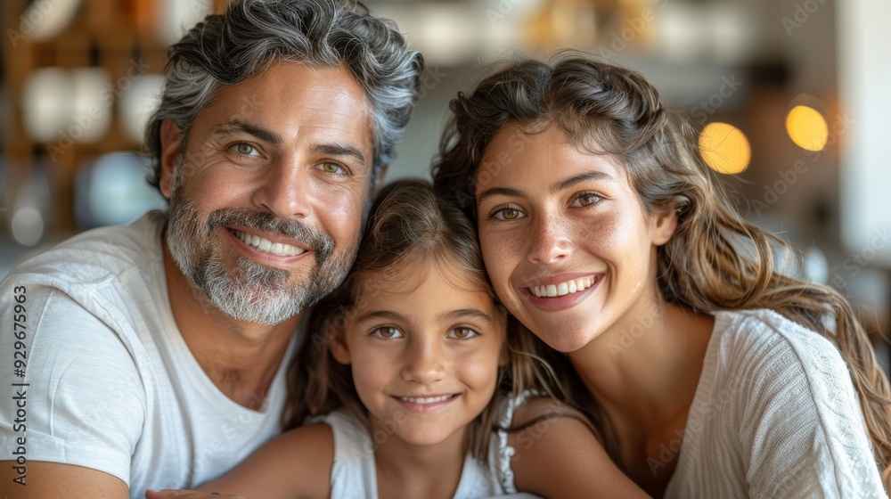 Fototapeta premium Family smiles together in a cozy indoor setting during a warm afternoon