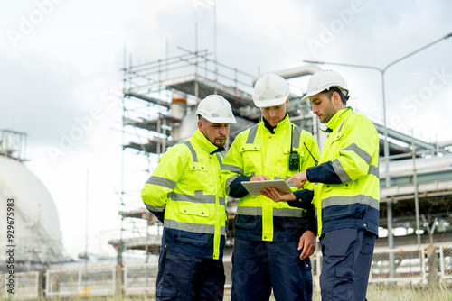 Wallpaper Mural Factory engineer or technician workers with one hold tablet and the other look at tablet and they also stand in front of refining and petrochemical factory and tank with day light. Torontodigital.ca