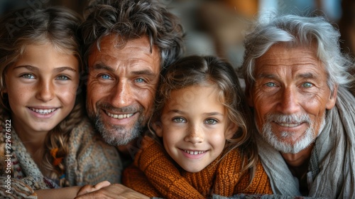 Family of four smiling together indoors during a cozy gathering in autumn