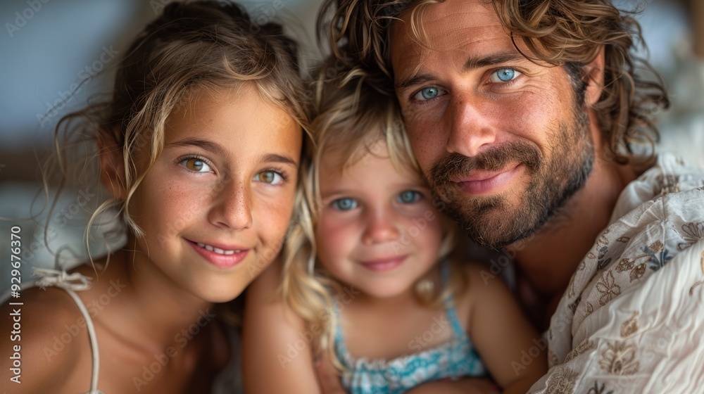Family portrait of a father and two daughters with bright blue eyes, smiling together indoors during a sunny afternoon Family portrait of a father and two daughters with bright blue eyes, smiling together indoors during a sunny afternoon