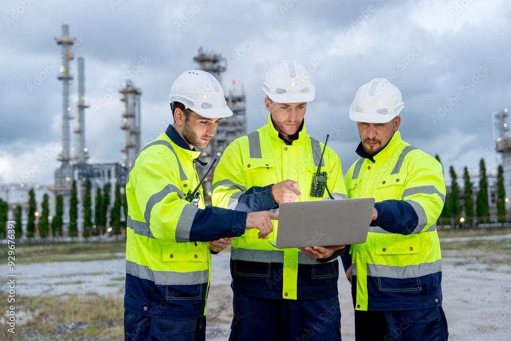 Group of engineer or technician workers stand in front of petrochemical factory and use laptop to discuss their work. Group of engineer or technician workers stand in front of petrochemical factory and use laptop to discuss their work.