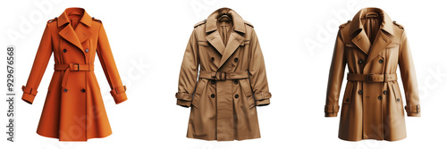 Set of fashionable trench coats in different colors isolated on transparent background