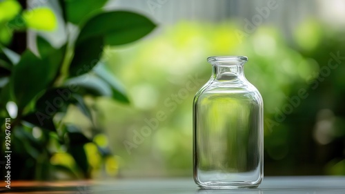 A clear glass bottle with a green leafy background, perfect for storing liquids, essential oils, or as a decorative piece.