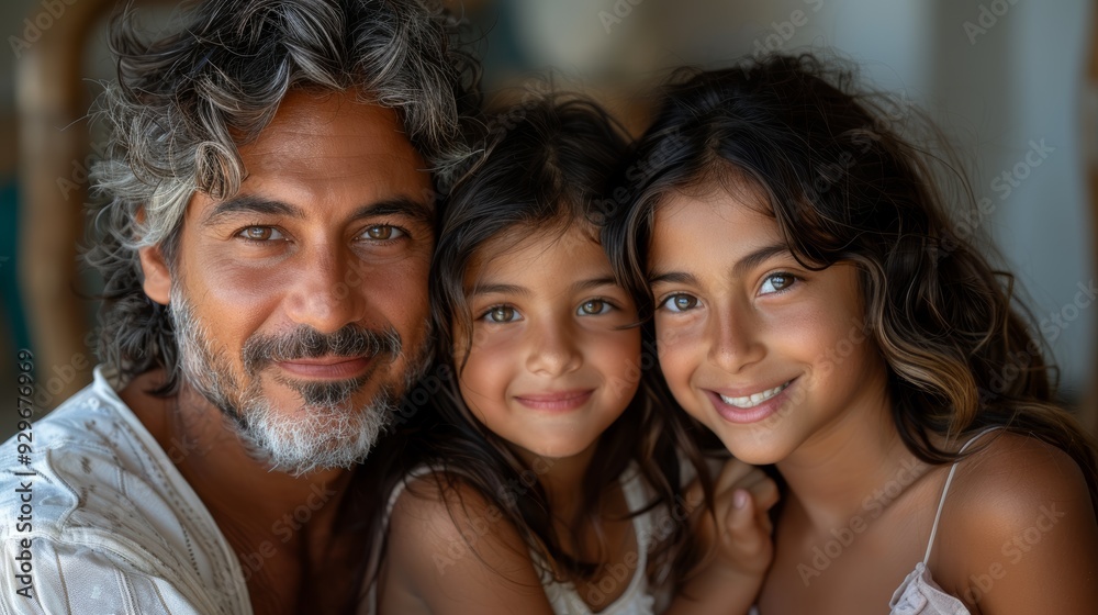 Family portrait of a man with two girls smiling warmly in a bright, cozy indoor setting during the afternoon