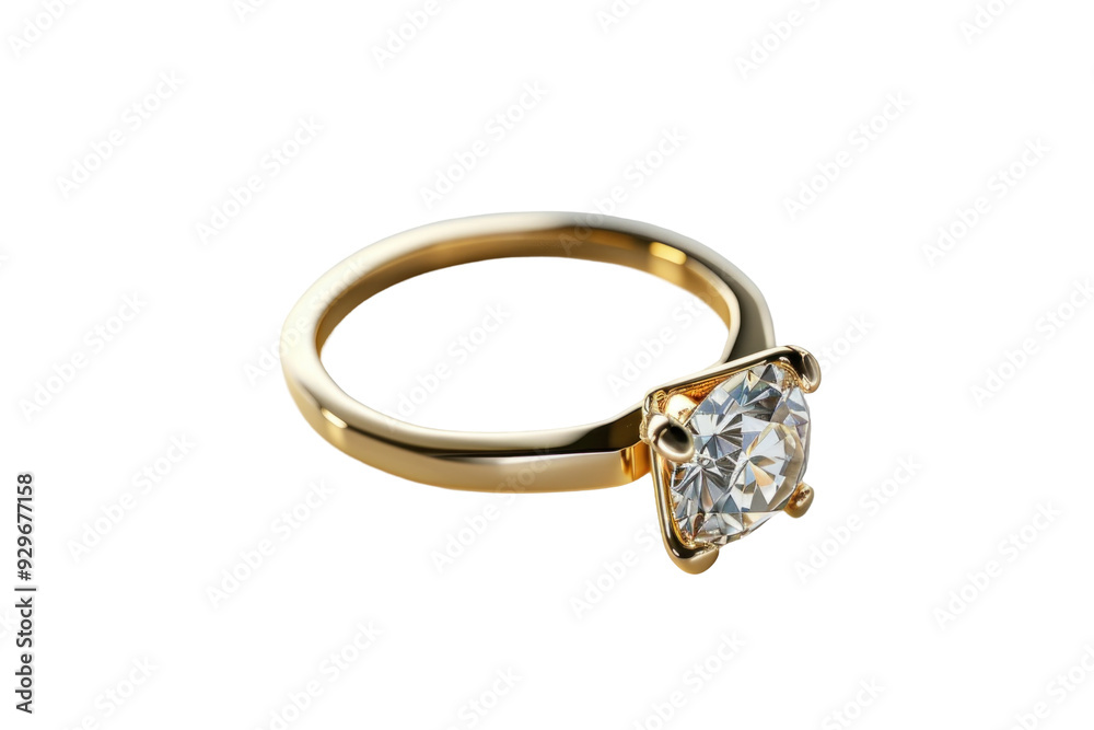 Gold diamond ring with solitaire on white background.