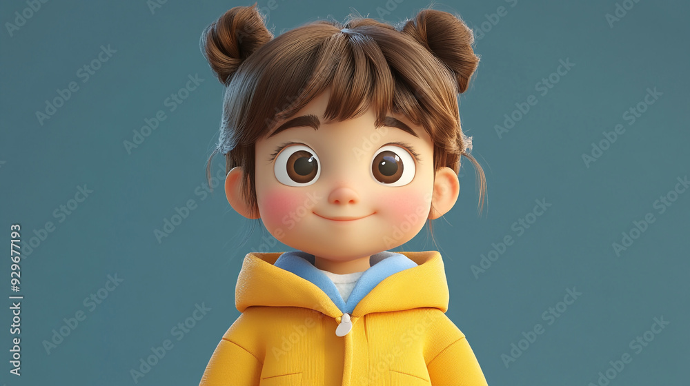 A cheerful animated girl with brown hair in a yellow hoodie standing against a blue background A cheerful animated girl with brown hair in a yellow hoodie standing against a blue background