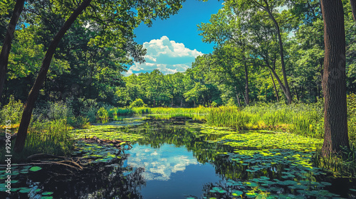 Lush green pond reflecting clouds and trees in a tranquil forest