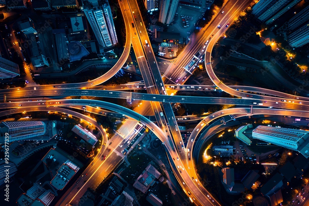 Aerial view of a highway intersection at night showing traffic flow on the roads, with a city background. Cars at a big crossroads at night. Urban landscape Aerial view of a highway intersection at night showing traffic flow on the roads, with a city background. Cars at a big crossroads at night. Urban landscape