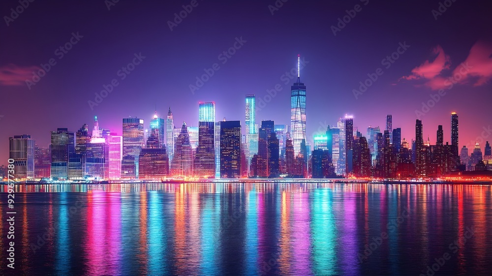 Fototapeta premium New York City skyline at night with city skyscrapers illuminated by reflection of neon lights on water. 3d digital artwork illustration wallpaper vibrant view of modern architectural buildings street.