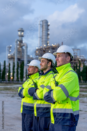 Vertical image of factory engineer or technician workers stand in the row and look to left side with arm-crossed stand in front of refining and petrochemical factory during evening light.