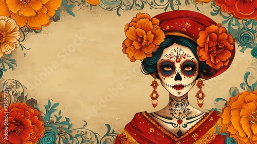 Day of the Dead Dia de los Muertos mexican holiday banner. Mexican culture festival invitation, Day of the Dead carnival poster with sugar calavera skull, marigold flower, tequila and bones