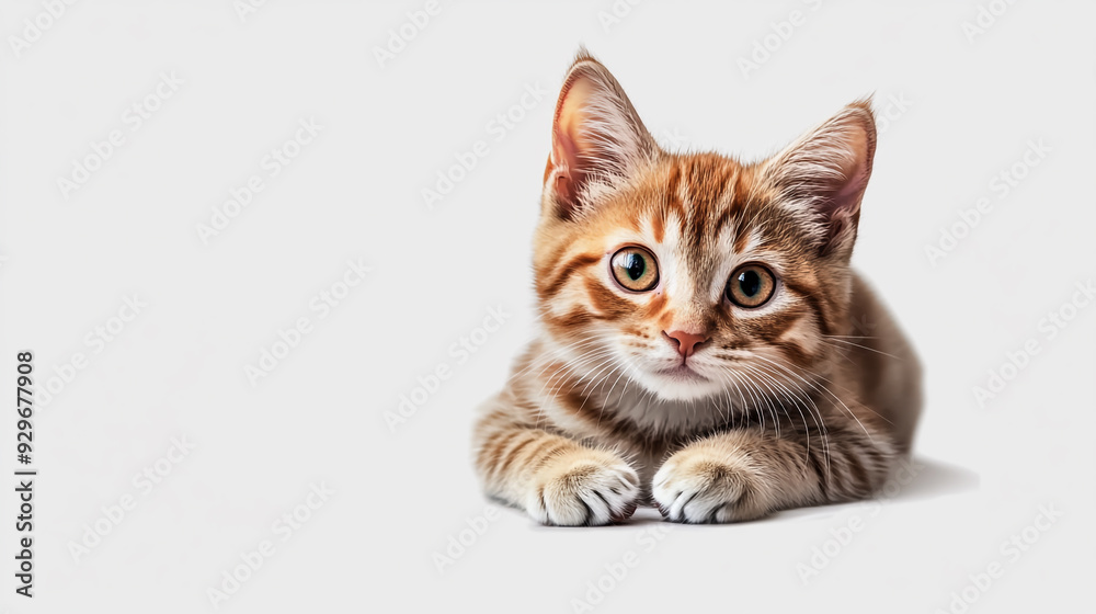 Obraz premium A playful tabby kitten resting comfortably on a light background