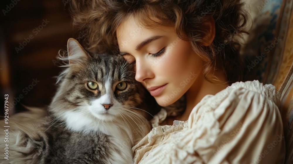 woman wearing old-fashion outfit cuddle with her cat sitting on vintage chair woman wearing old-fashion outfit cuddle with her cat sitting on vintage chair