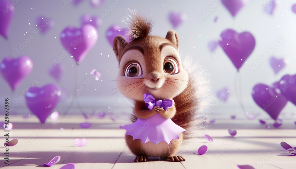 smiling 3d girl pink Squirrel cute little dress purple bow white background Heart-shaped balloons copy space smiling 3d girl pink Squirrel cute little dress purple bow white background Heart-shaped balloons copy space
