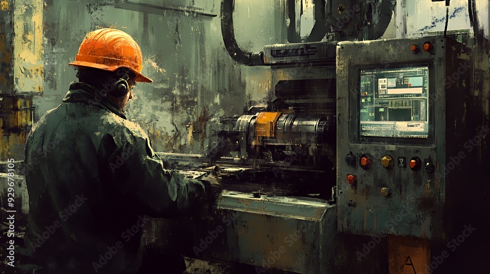 A worker operates machinery in a gritty industrial setting. A worker operates machinery in a gritty industrial setting.