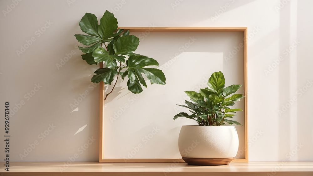 Fototapeta premium s a plant in a white pot with a wooden frame behind it.