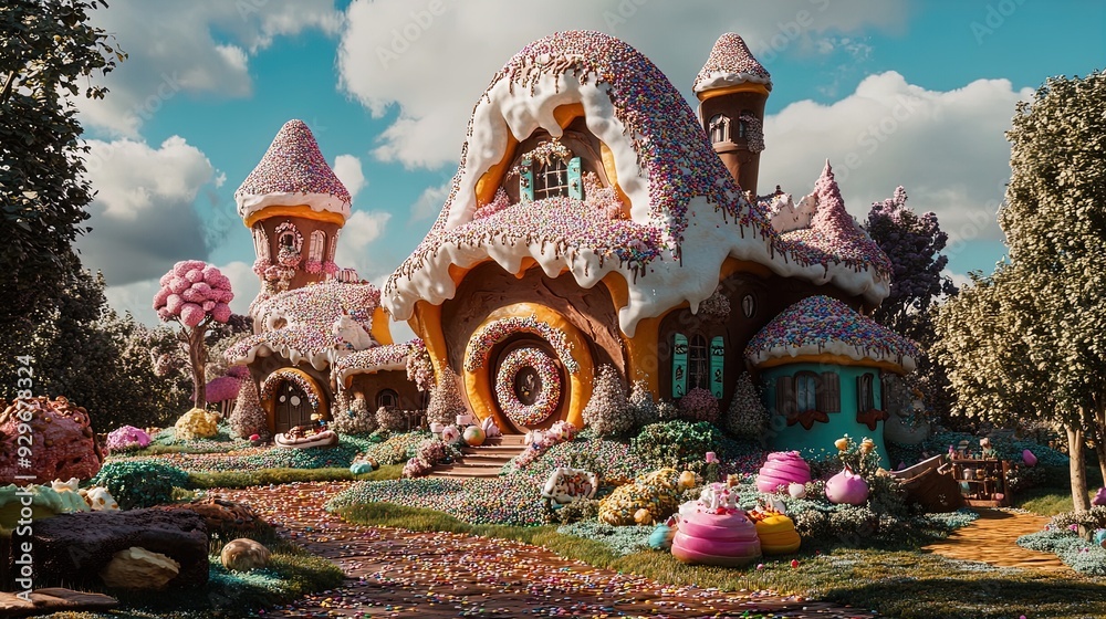 Fototapeta premium Whimsical Dessert Cottage Poster: Transform Your Space with a Surreal Sweet Treat of Chocolate Frosting, Whipped Cream, and a Giant Donut Roof – Perfect for Playful Interiors!