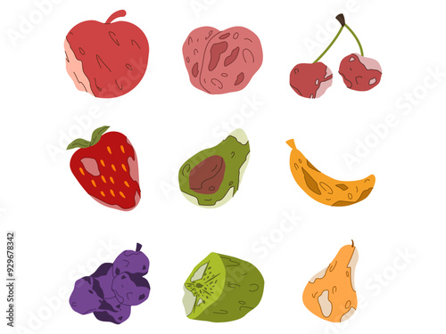rot rotten decay decomposed poisonous junk dirty expired spoiled decayed unhealthy apple apricot cherry strawberry avocado banana grape berry kiwi pear fruits design collection