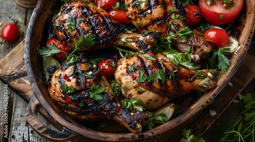 A gorgeously presented dish of grilled chicken with fragrant veggies and herbs