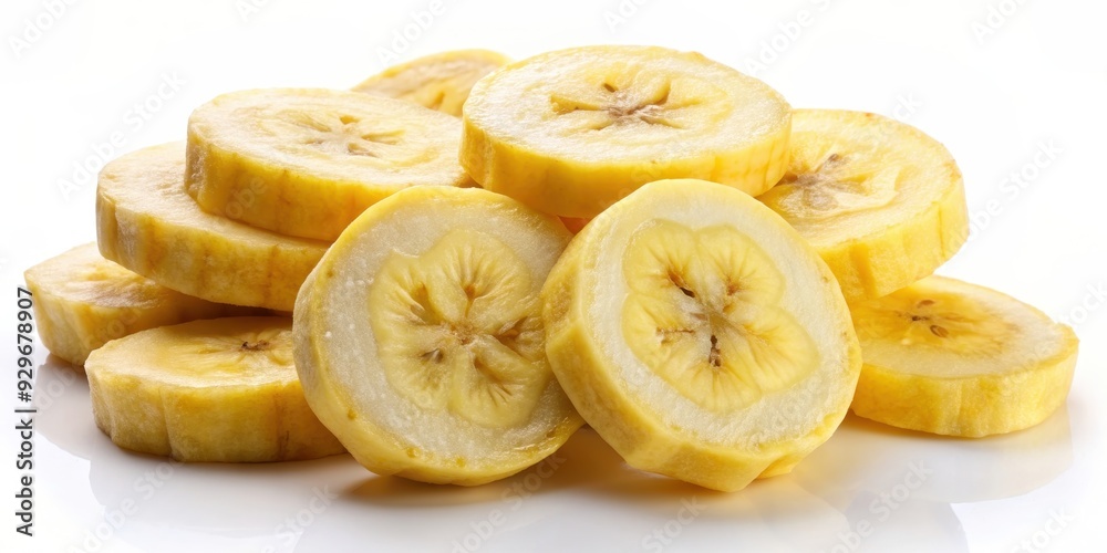 Closeup of ripe sliced yellow healthy banana slices on a white background, bananas, ripe, sliced, yellow, healthy, fruit, organic Closeup of ripe sliced yellow healthy banana slices on a white background, bananas, ripe, sliced, yellow, healthy, fruit, organic