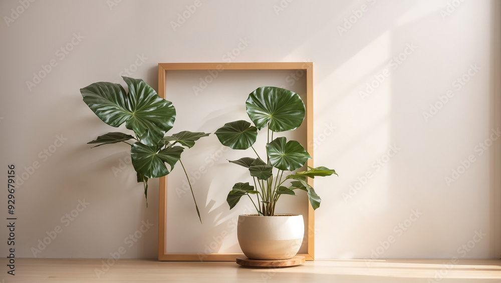 s a plant in a white pot with a wooden frame behind it. s a plant in a white pot with a wooden frame behind it.