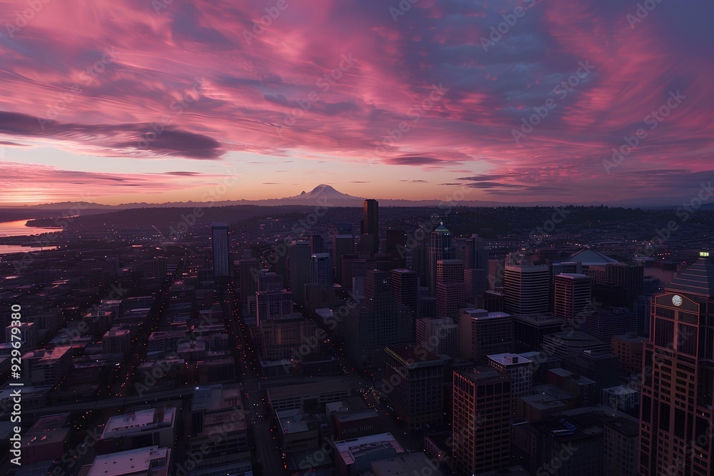 Fototapeta premium Seattle skyline with Mount Rainier in the background at dusk, focusing on downtown buildings and sky tower, skyscrapers and urban architecture, with the natural lighting from sunset