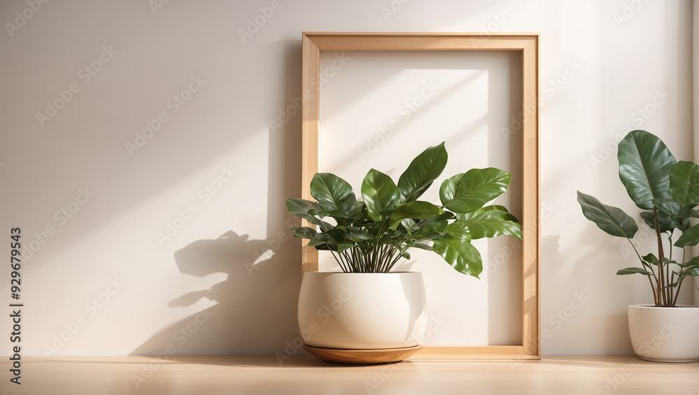 s a plant in a white pot with a wooden frame behind it. s a plant in a white pot with a wooden frame behind it.