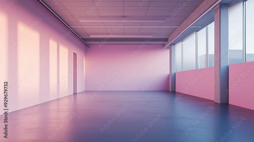 Simple pastel-themed garage, empty and pristine, smooth concrete floors Simple pastel-themed garage, empty and pristine, smooth concrete floors